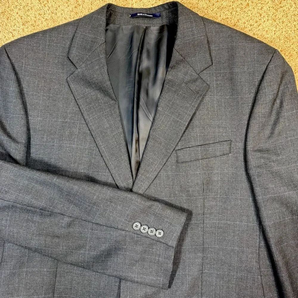 Vtg Chaps Ralph Lauren 46L Mens Wool Sport Coat Grey Blue Plaid Blazer Canada - Picture 5 of 16